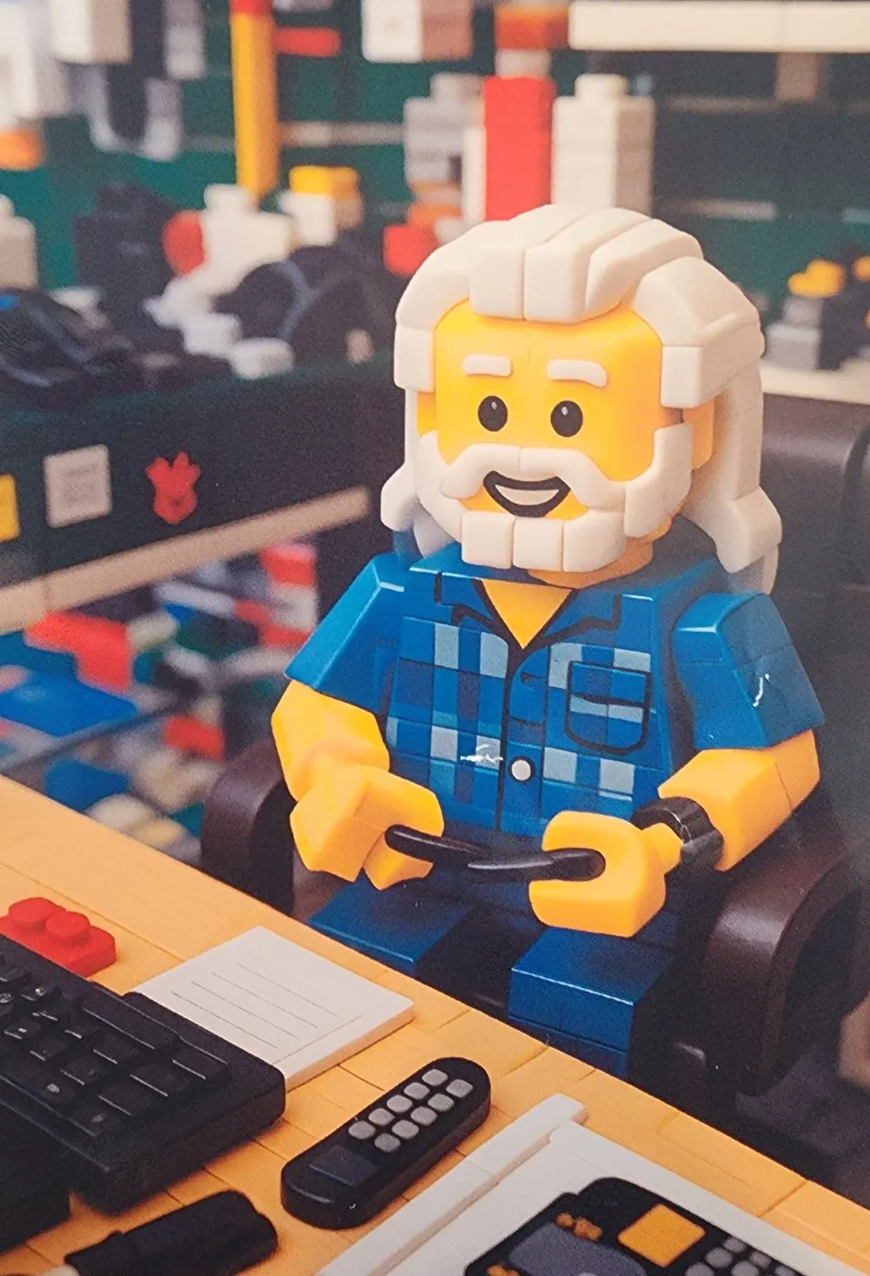 Greg as a toy-brick figure in a blue plaid shirt, sitting at a workbench with a keyboard and a hard drive