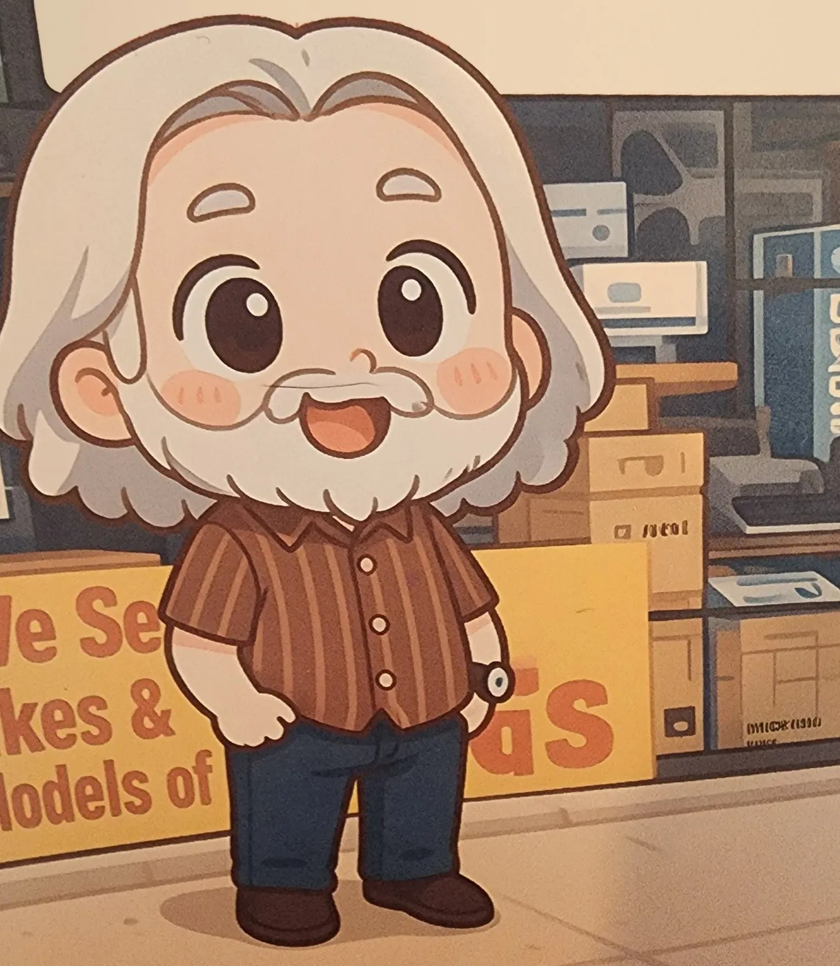 A cartoon of Greg: long white hair, white beard, striped brown shirt, smiling outside a computer shop